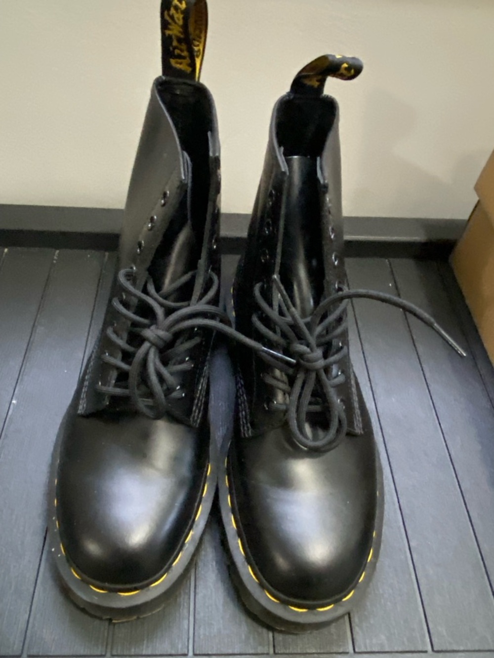 Dr. Martens 1460 Bex Black Smooth Leather Boots with Yellow Stitching